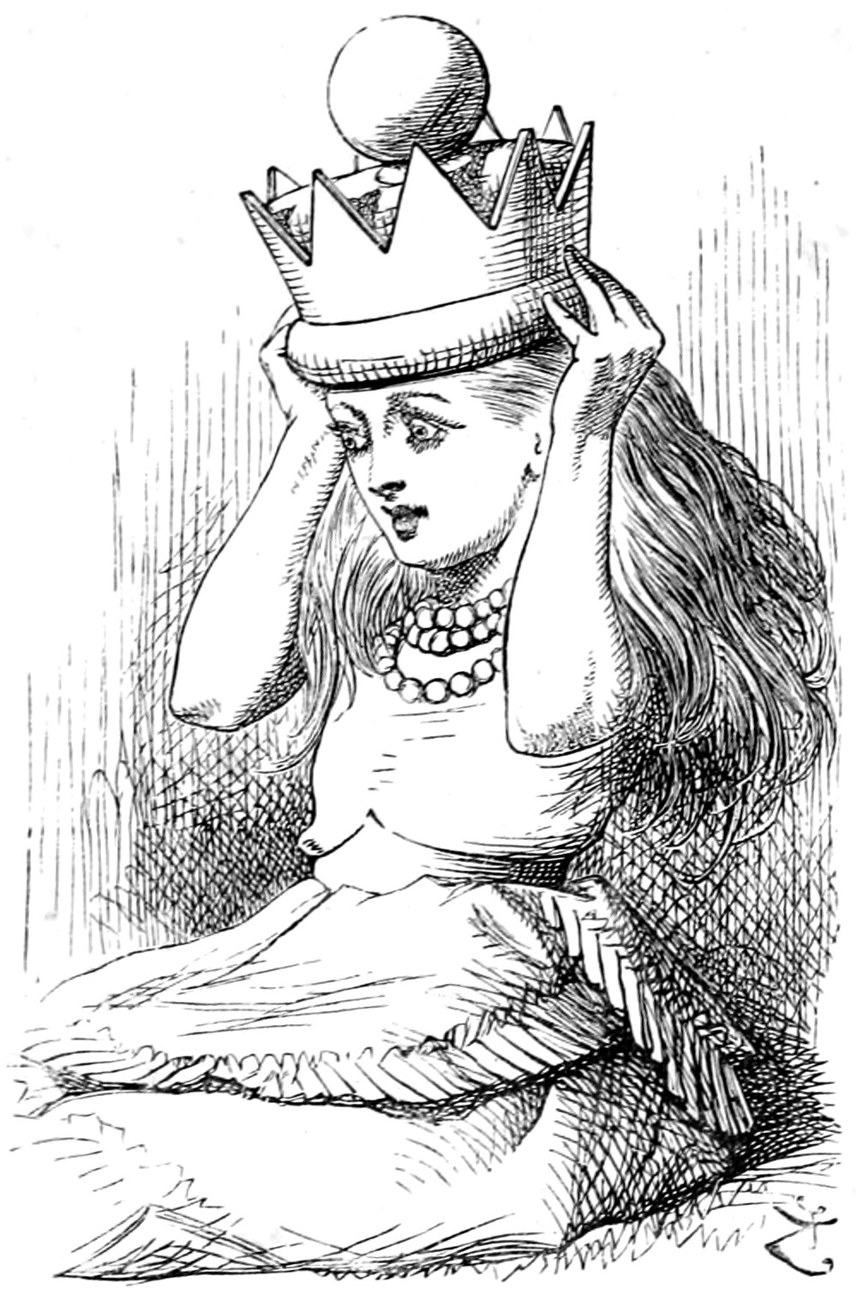 Alice sits on the grass with both hands on the heavy golden crown that has appeared on her head, her eyes wide with surprise.