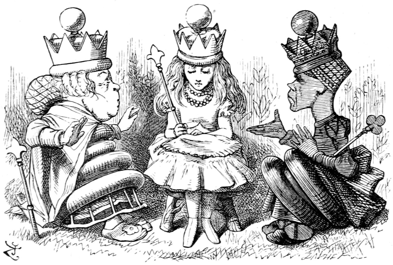 Alice, crowned, sits primly between the White Queen and the Red Queen, who lean in and question her.