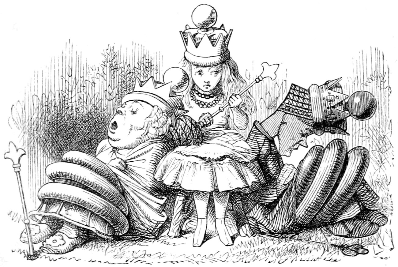 The two Queens have fallen asleep with their heads on Alice's lap and shoulder, and Alice sits between them looking puzzled.