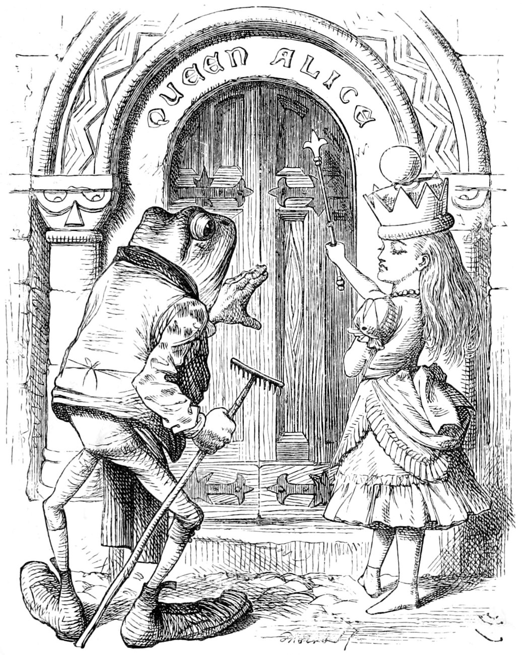 At the arched doorway marked QUEEN ALICE, the old Frog in a coat hobbles up with a stick while Alice, crowned, knocks at the door.