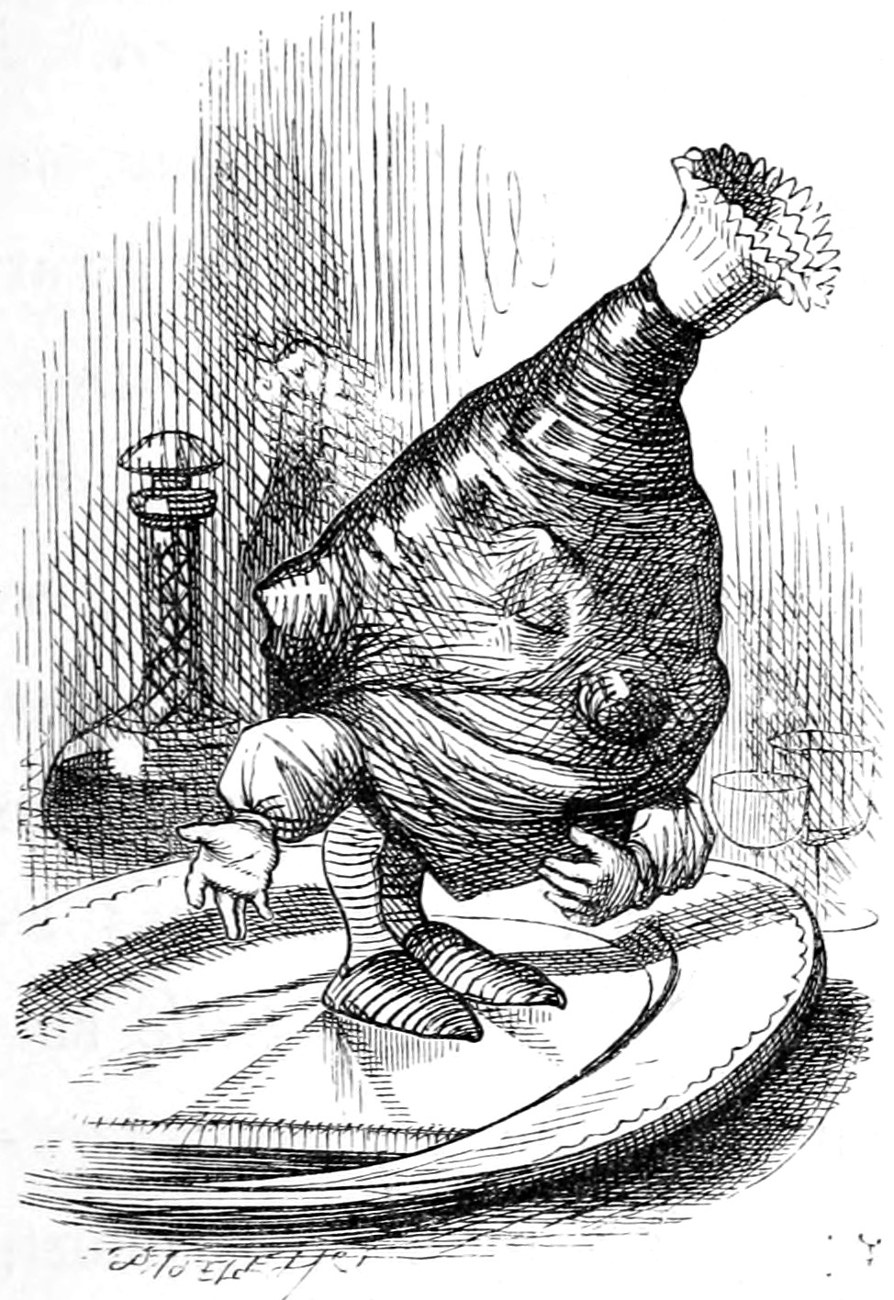 The leg of mutton gets up in its dish and makes Alice a little bow, a paper frill on its bone and its feet in slippers.