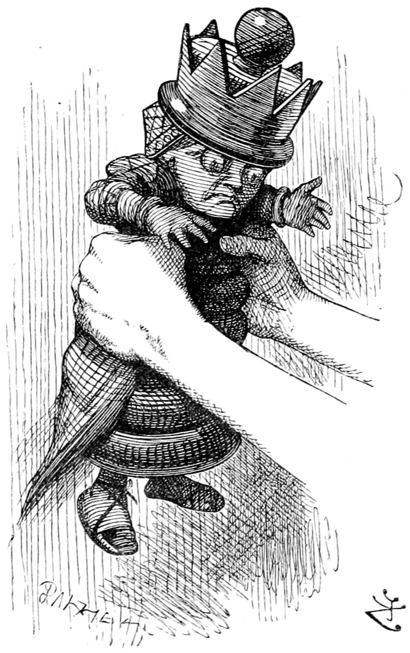 The Red Queen, shrunk small, shaken between Alice's fingers, her crown askew and her arms flung out.