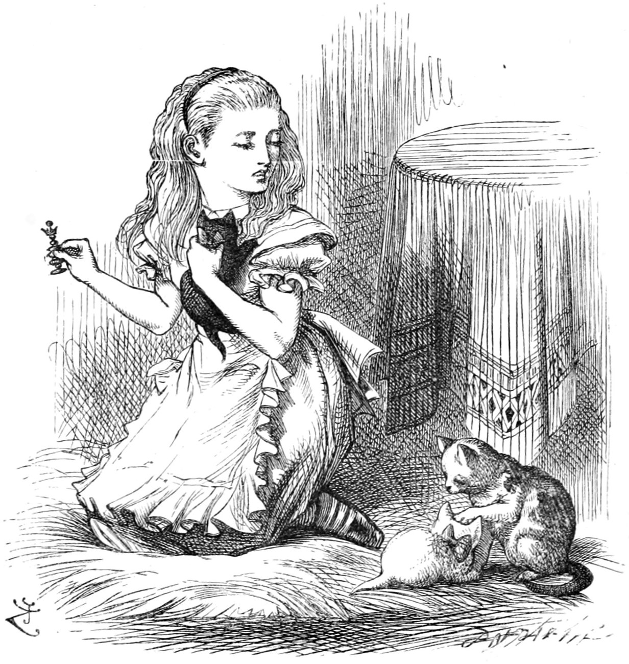 Alice kneels on the hearth-rug with the black kitten on her shoulder, while Dinah washes the white kitten beside her.