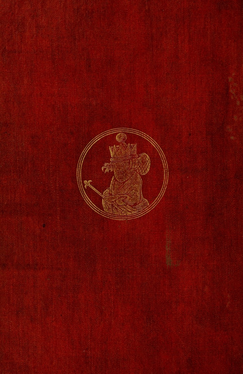 The back cover of the first edition — The back cover, red cloth with a matching gilt roundel: a different crowned chess queen, her hair untidy, holding her sceptre loosely before her.