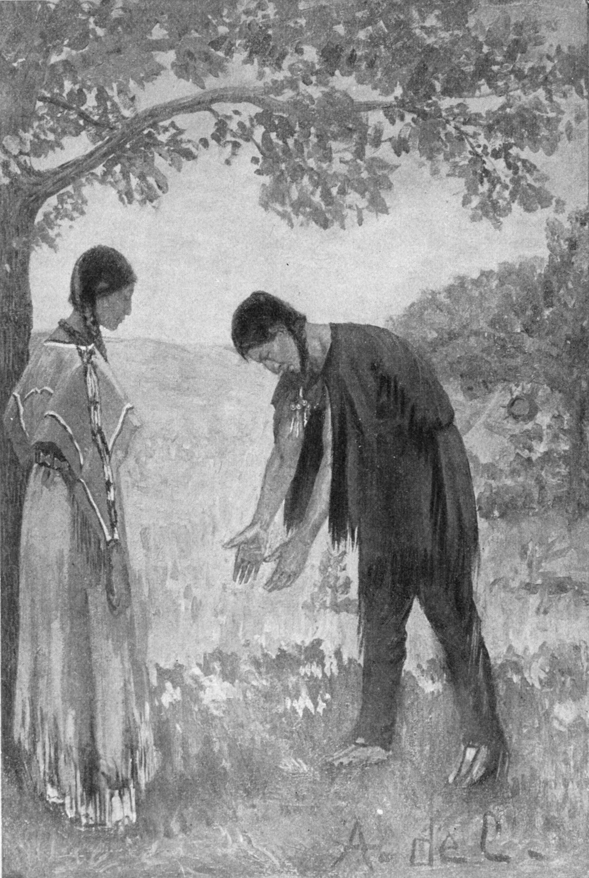 This was a sign of gratitude used when words failed to interpret strong emotion — A young woman in a fringed buckskin dress stands against a tree with her eyes lowered, while a young man in a dark blanket bends toward her and moves his open hands downward before her.