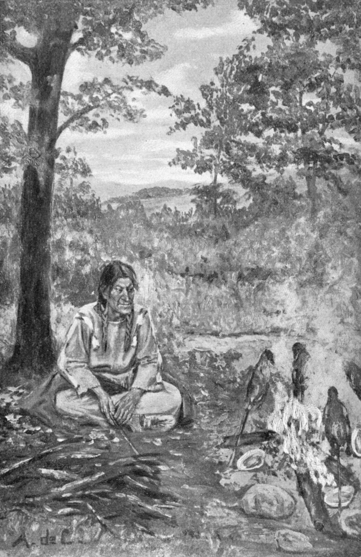 He sniffed impatiently the savory odor — Iktomi sits cross-legged under a tree beside a pile of sticks, looking sideways at a fire where the ducks are roasting on sticks stood upright around the flames.