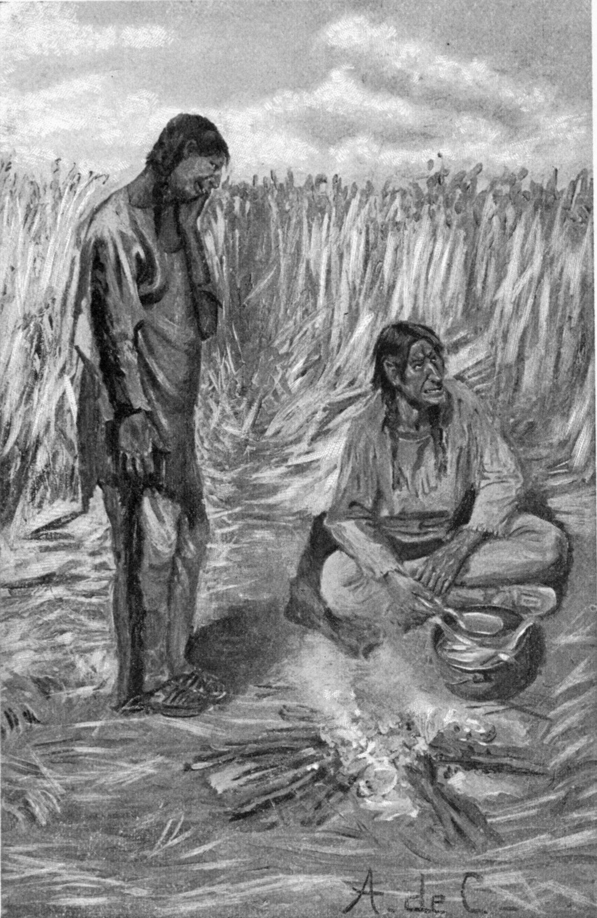 The muskrat began to feel awkward — The muskrat, a tall thin figure, stands with bowed head beside a small fire in the marsh grass, while Iktomi sits cross-legged by his pot and looks up at him.
