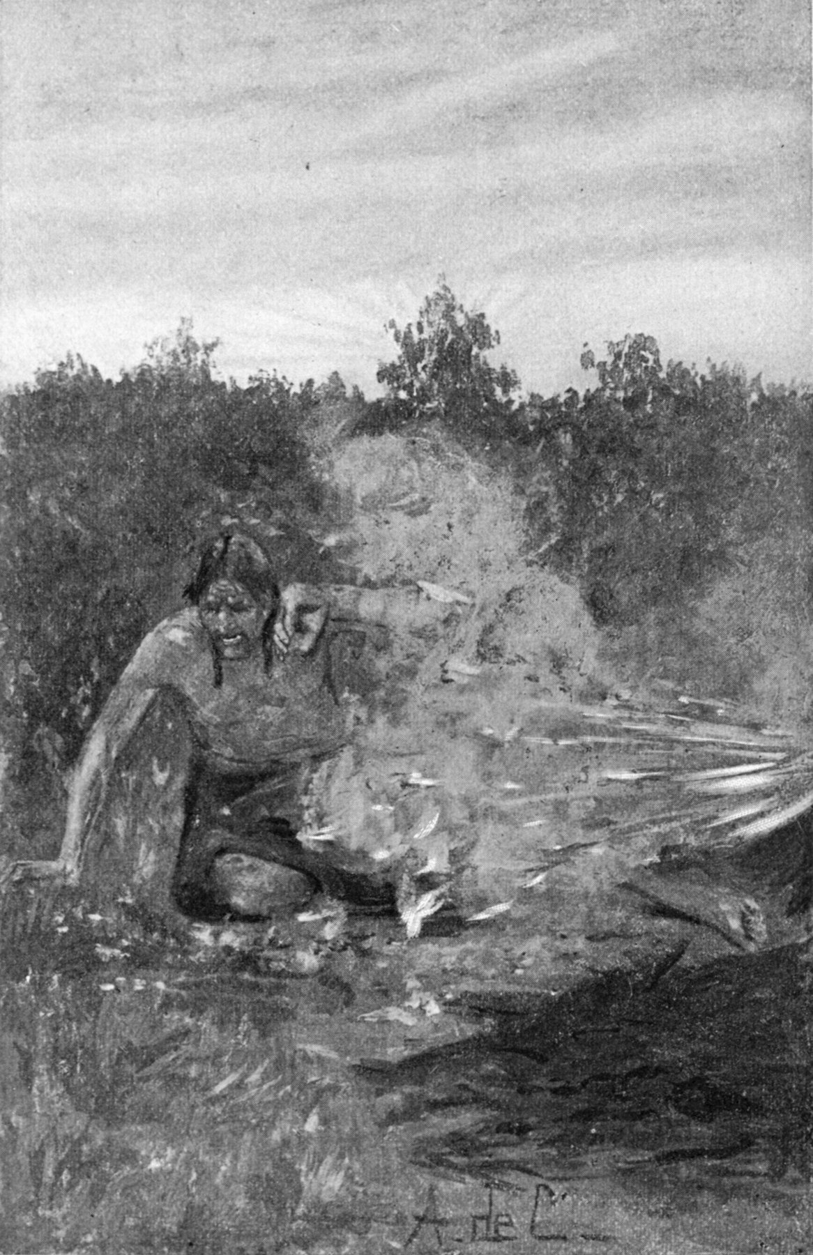 A shower of red coals upon Iktomi's bare arms and shoulders — Iktomi crouches on the grass and throws up an arm to shield his face as sparks and burning coals spray out of the smoke of his fire.