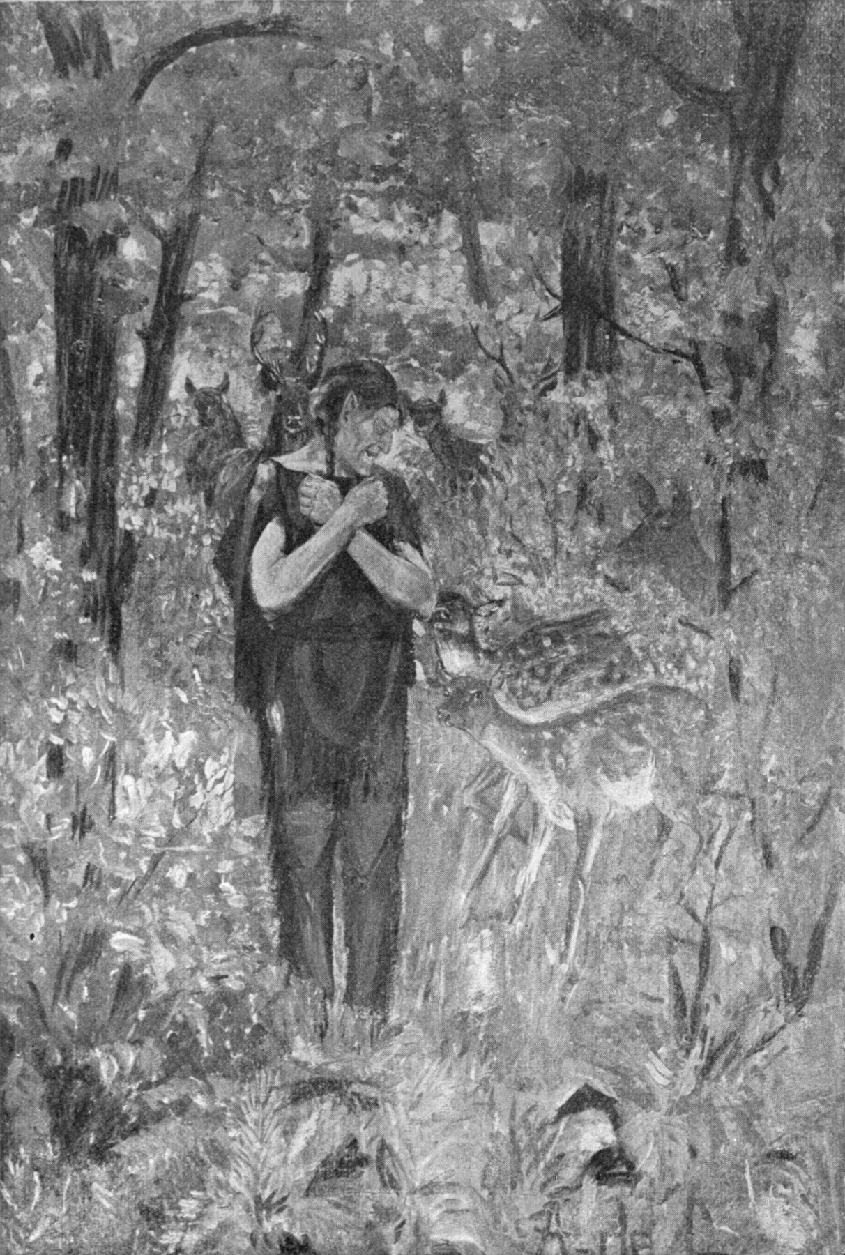There among them stood Iktomi in brown buckskins — Iktomi stands in a sunlit wood with his arms crossed over his chest, and a spotted fawn and several deer look at him from the undergrowth.
