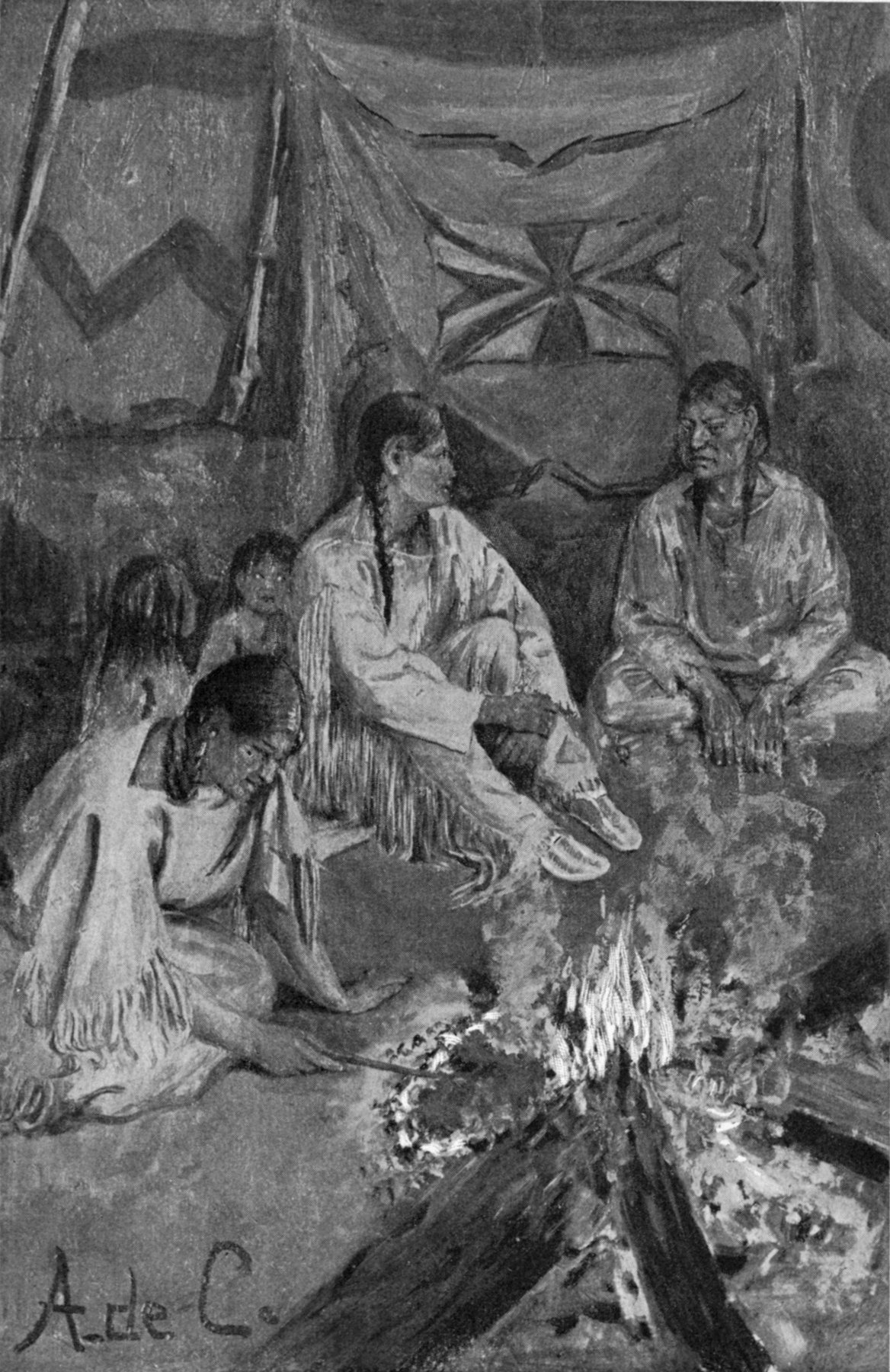 Over a bed of coals she broiled the venison — Inside a lodge hung with painted designs, a woman leans toward the fire holding meat on a stick, two men sit cross-legged beyond the flames, and children watch from behind her.
