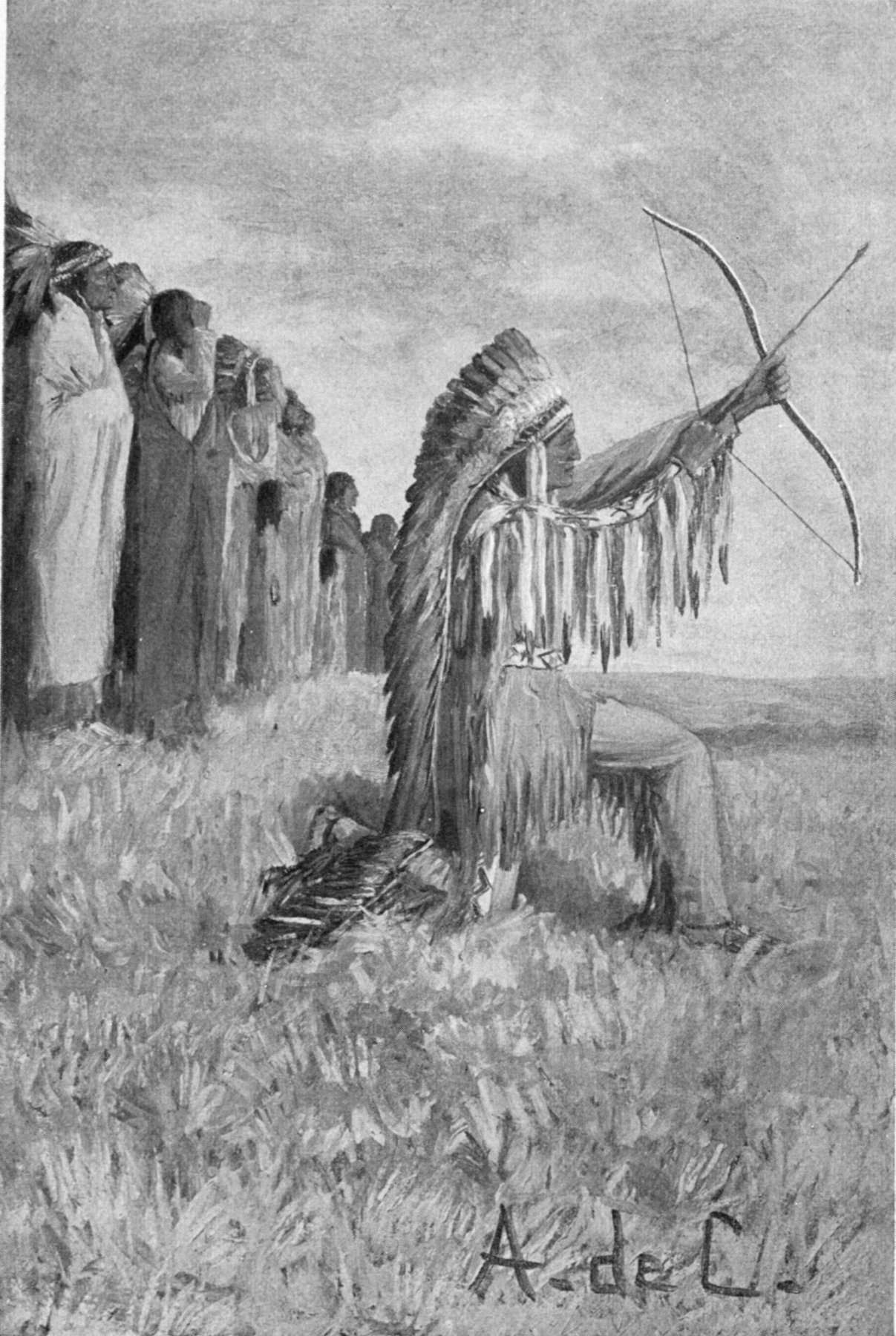 He placed the arrow on the bow — A man in a long feathered headdress and fringed shirt kneels in the grass drawing his bow toward the sky, while a line of people wrapped in blankets watches from behind him.