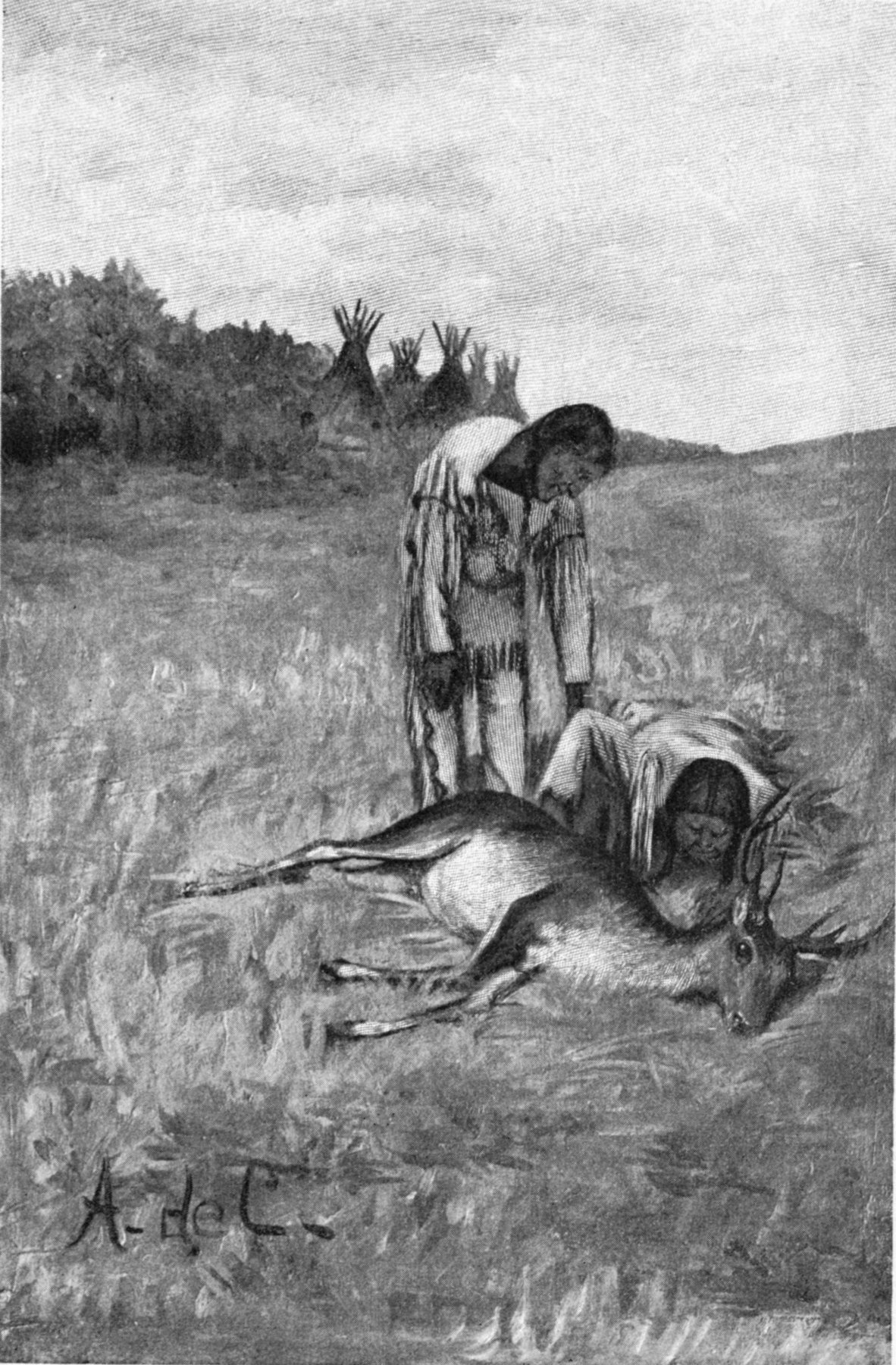 “My friend, you are a skilled hunter” — Two men with a dead deer on the open prairie: one kneels over the carcass and the other stands bending toward him, with tipis on the ridge behind.