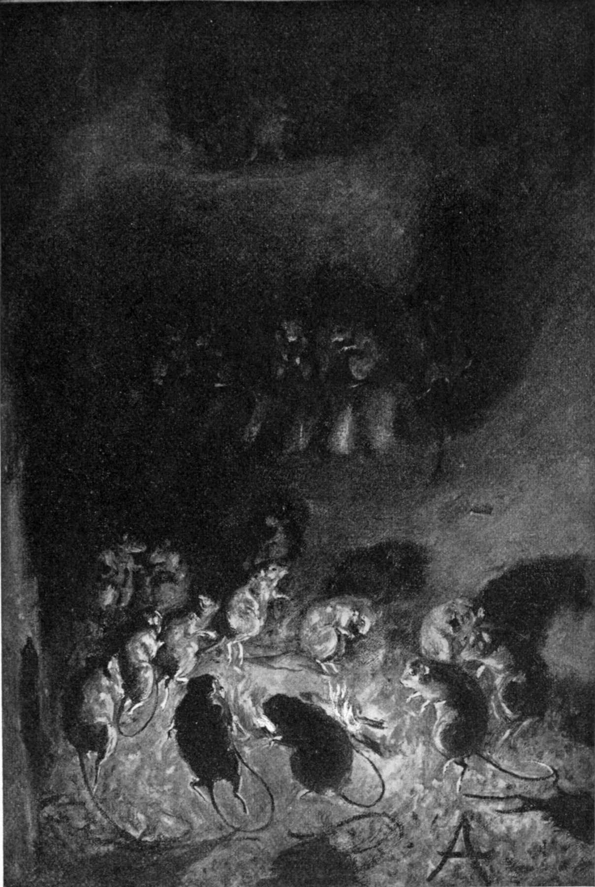 Tiny field mice were singing and dancing in a circle — Inside the dark buffalo skull, field mice stand on their hind legs around a small bright fire, their tails trailing on the ground, while more of them sit in the shadow above.
