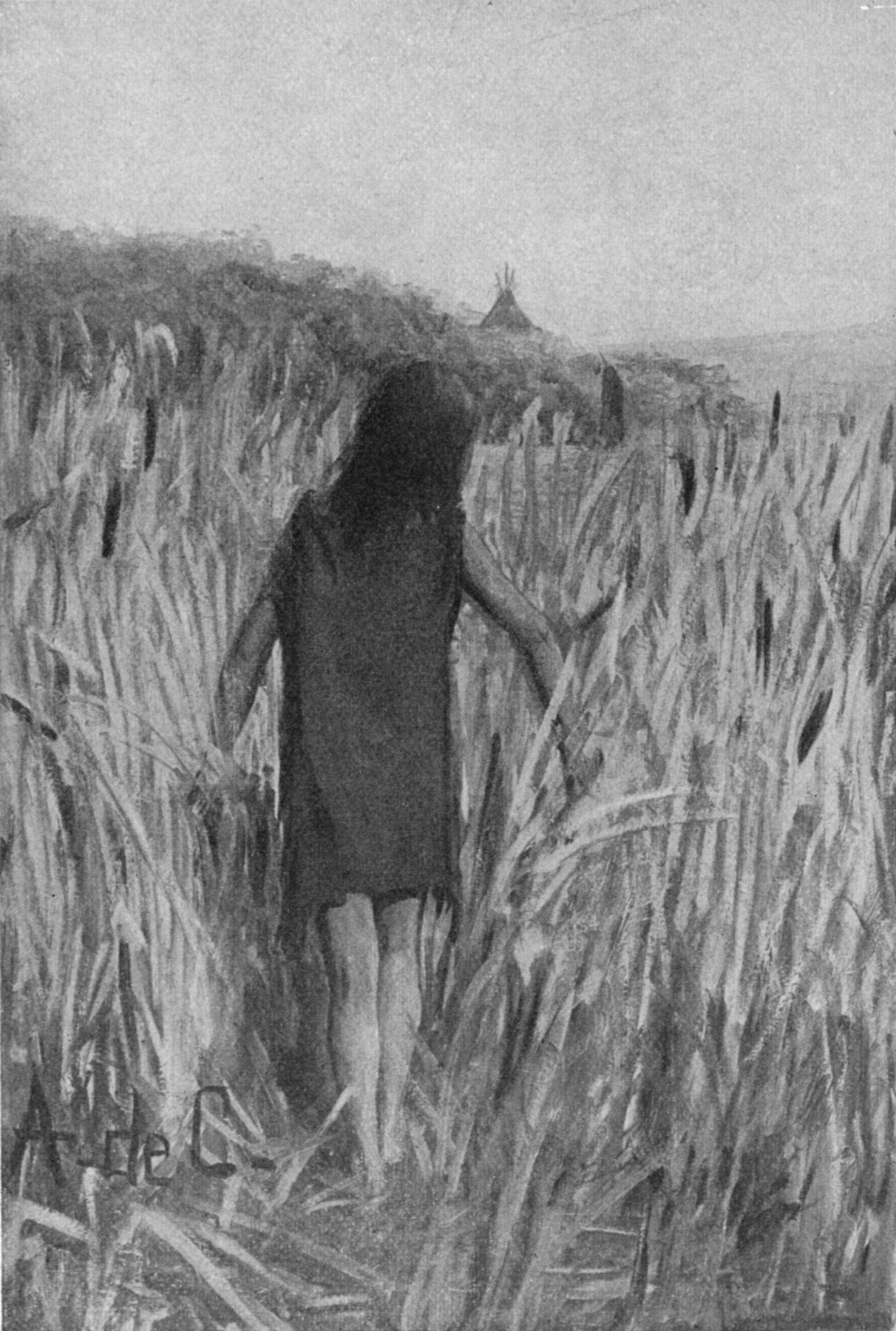 A little boy stopped his play among the grasses — The wild boy stands with his back to us among tall reeds and cattails, his long hair down his back, looking across toward a distant tipi.