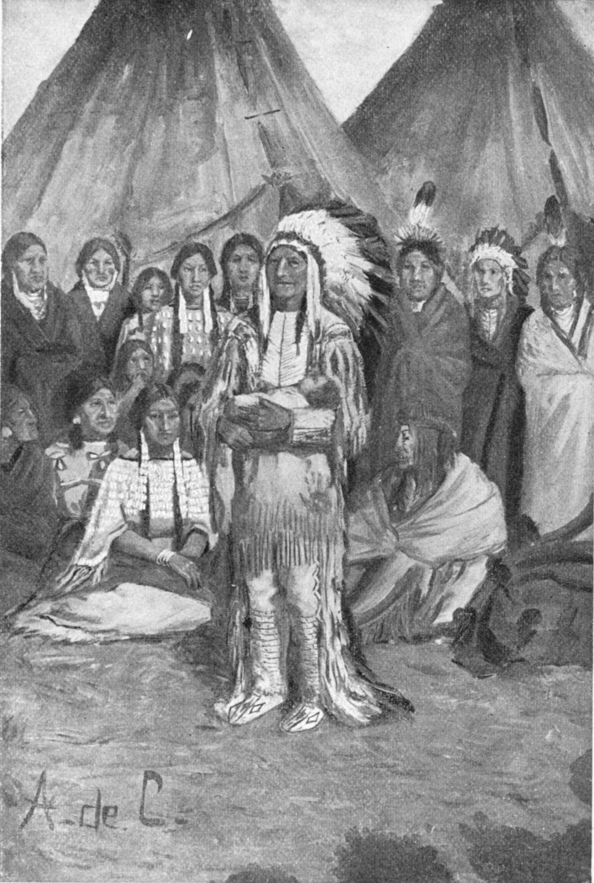 The proud chieftain rose with the little baby in his arms — The chieftain, in a feathered headdress and fringed buckskins, stands holding the baby in his arms before a crowd of women and men gathered in front of two tipis.
