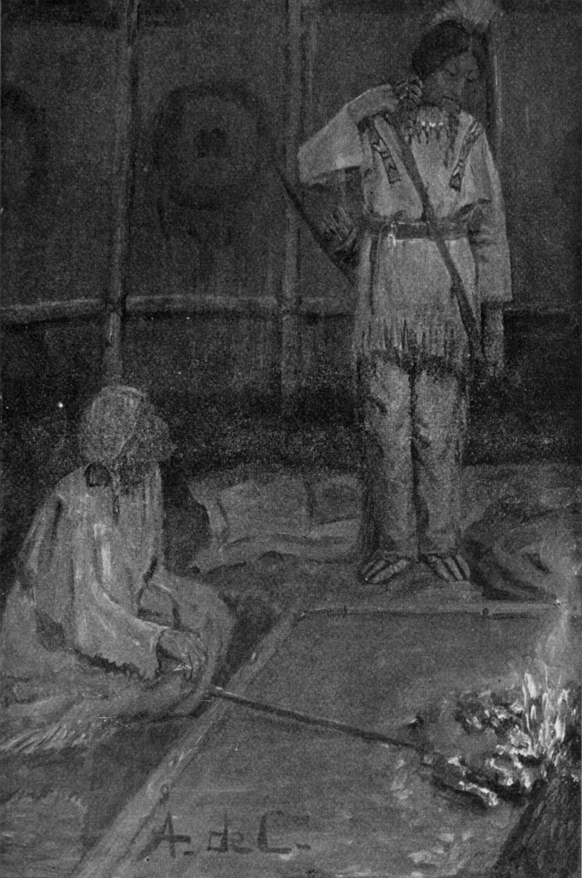 “I am going to the North Country on a long hunt” — Inside a lodge, Manstin stands in a fringed buckskin shirt with a strap across his chest, while his grandmother sits wrapped in a robe and pokes the fire with a long stick.