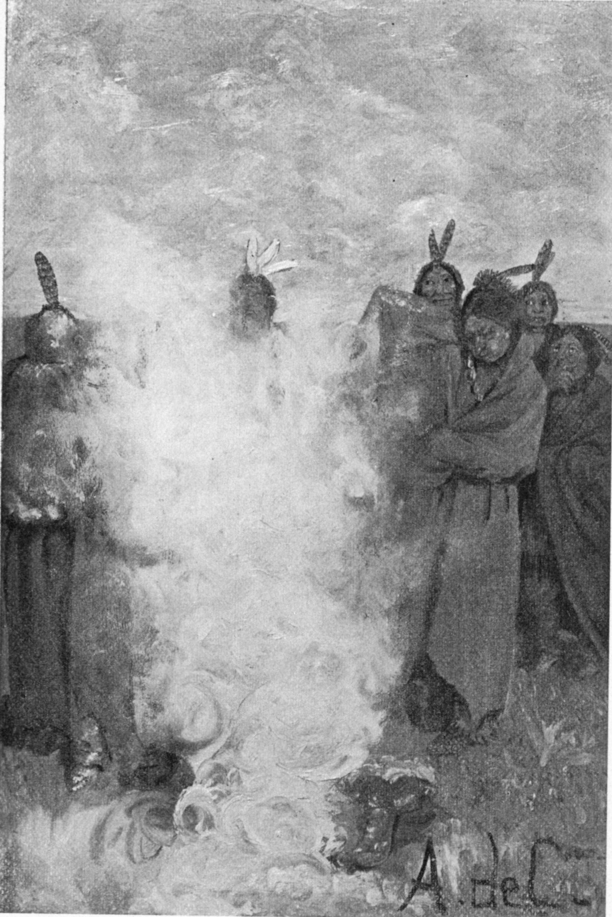 He blew the water all over the people — A great cloud of spray bursts up between the people, who draw back with their blankets held close around them.