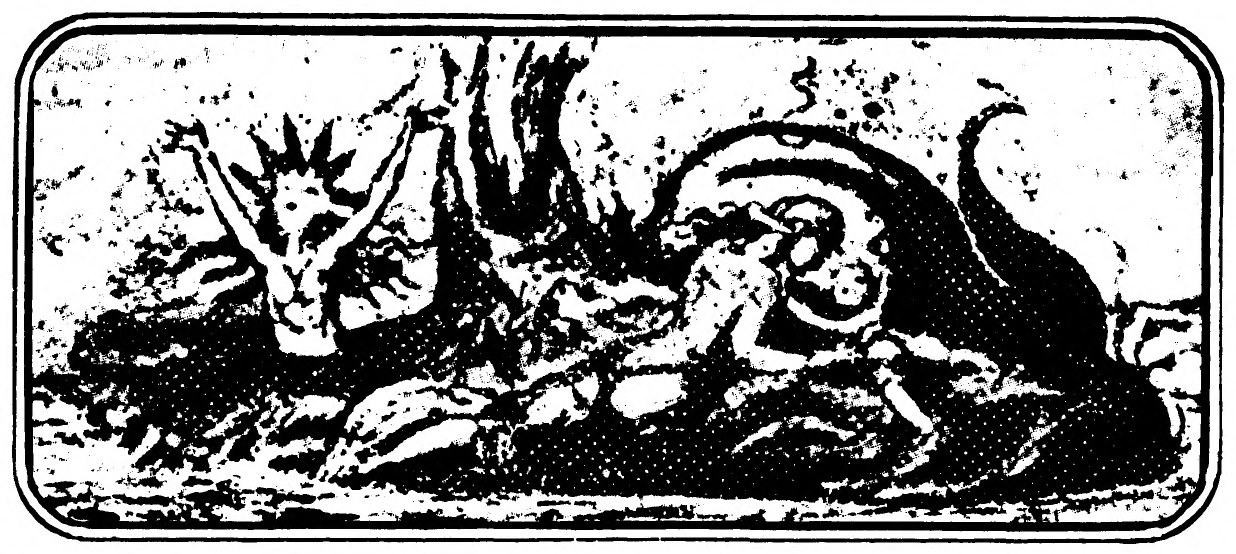 A dark shore: at left a figure with a radiant head throws up both arms, while a huge serpent coils over bodies lying on the ground.