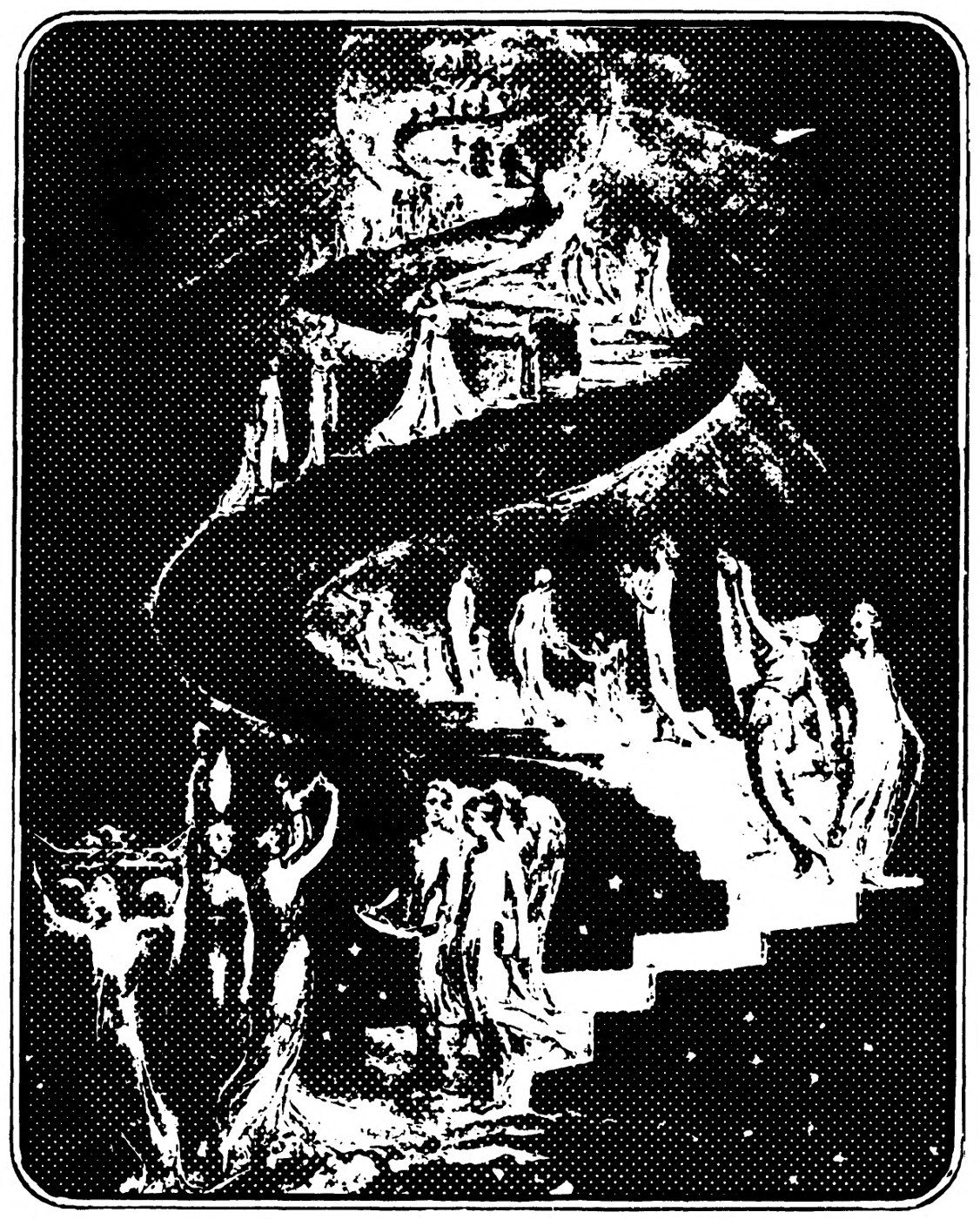 A spiral stair winds up through a starry night toward a light at the top, with robed figures climbing it and others gathered at its foot.