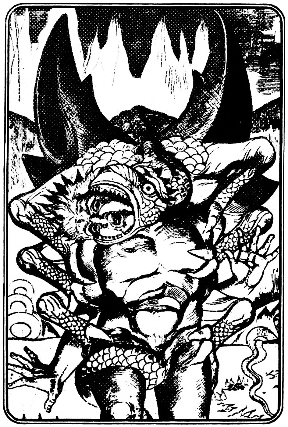 A monstrous figure with a scaly, fish-like head and a gaping fanged mouth, its body bound in scaly coils, under bat-like wings and a roof of jagged spikes.