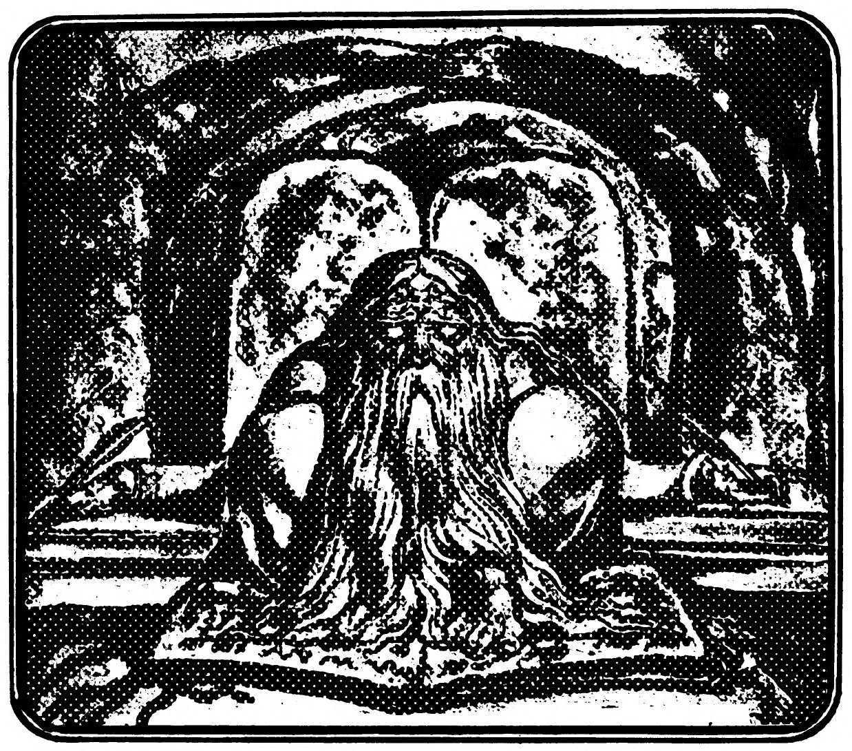 A long-bearded old man crouches over an open book before two tall stone tablets, under a dark vaulted arch.