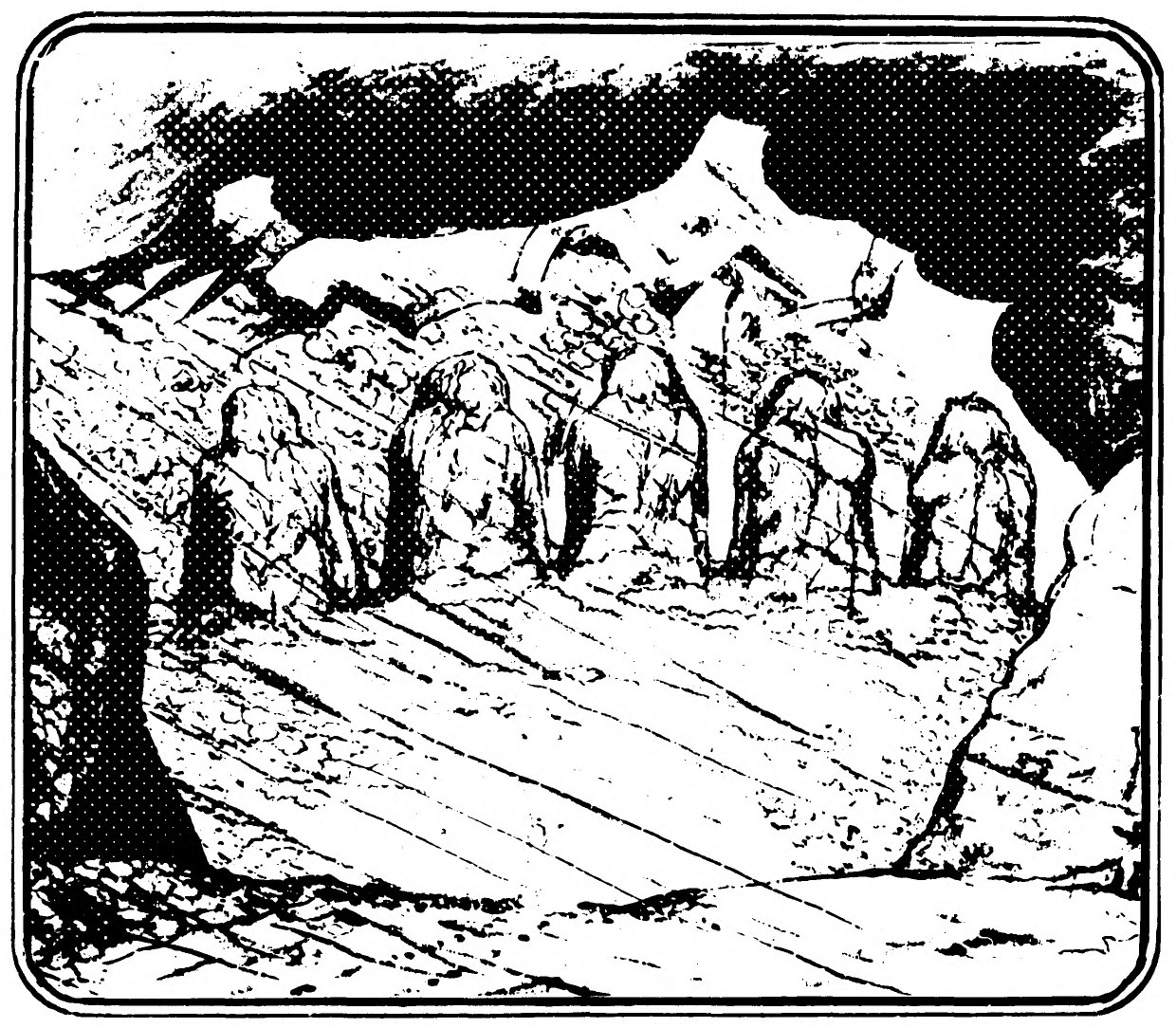 A row of hooded, long-robed figures stands on a sloping rock floor inside a cavern, its mouth opening onto a dark sky.
