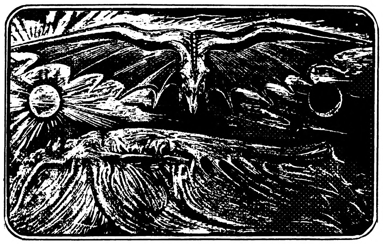 A great bat-winged creature spreads across a stormy sky above heaving waves, with a rayed sun at its left and a crescent moon at its right.
