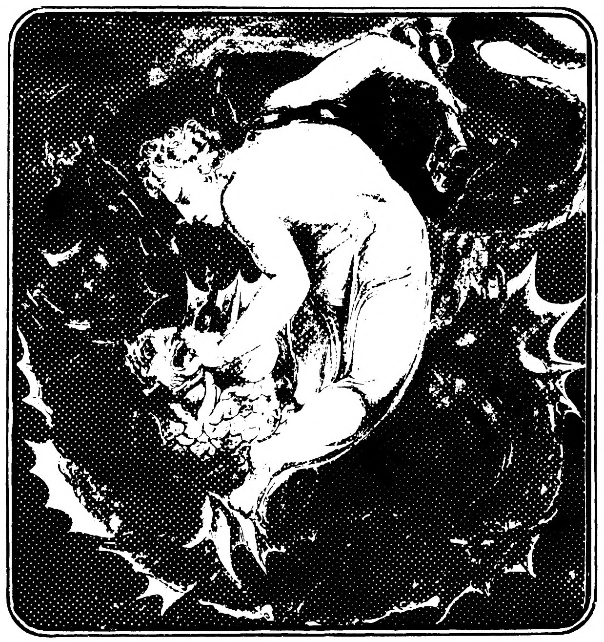 Two naked figures locked together in a dark hollow ringed with spiky shapes, one folded over the other and gripping its head.