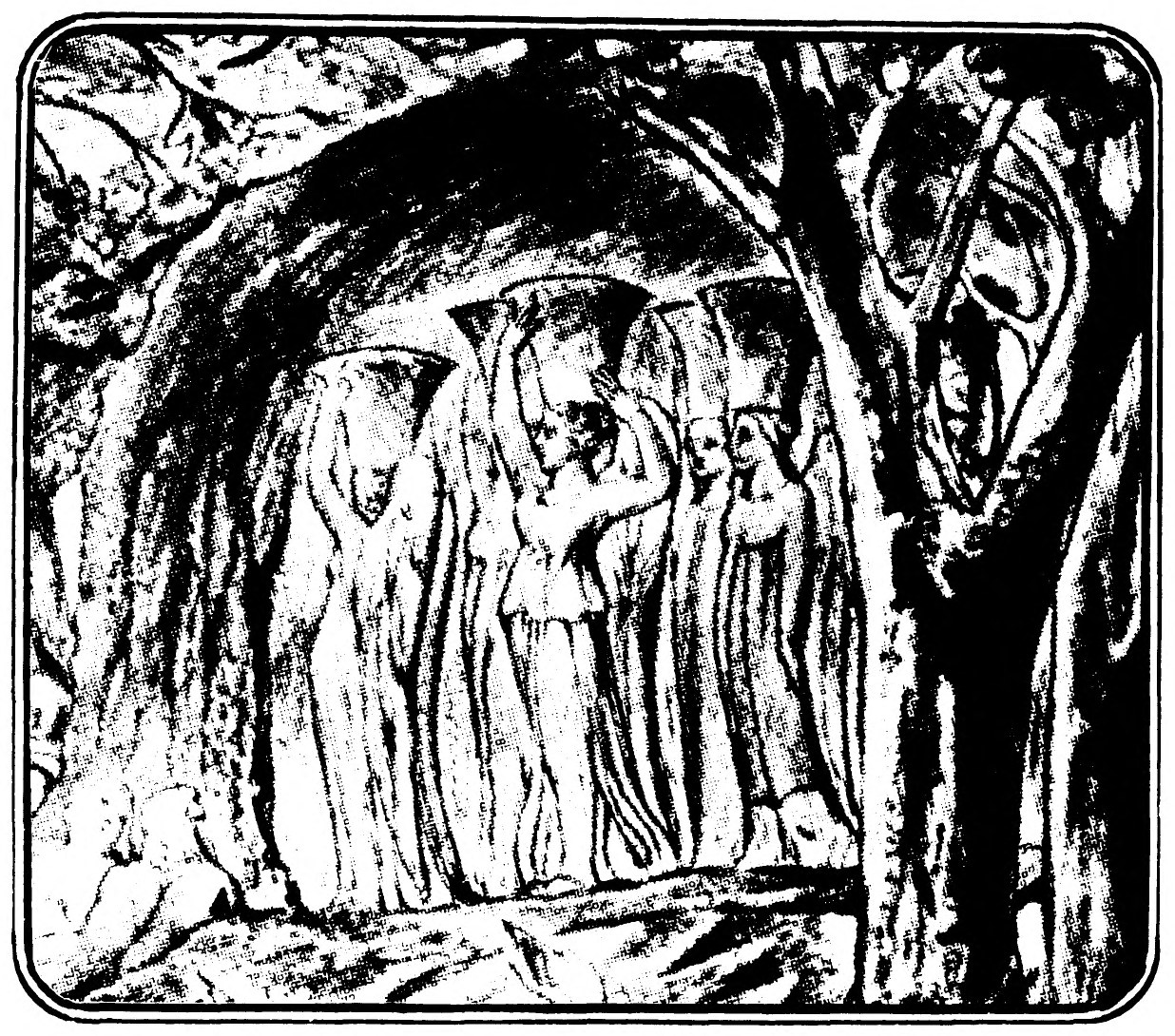 Inside a rocky cave beside a gnarled tree, a group of women in long gowns stand together, several raising their arms above their heads.