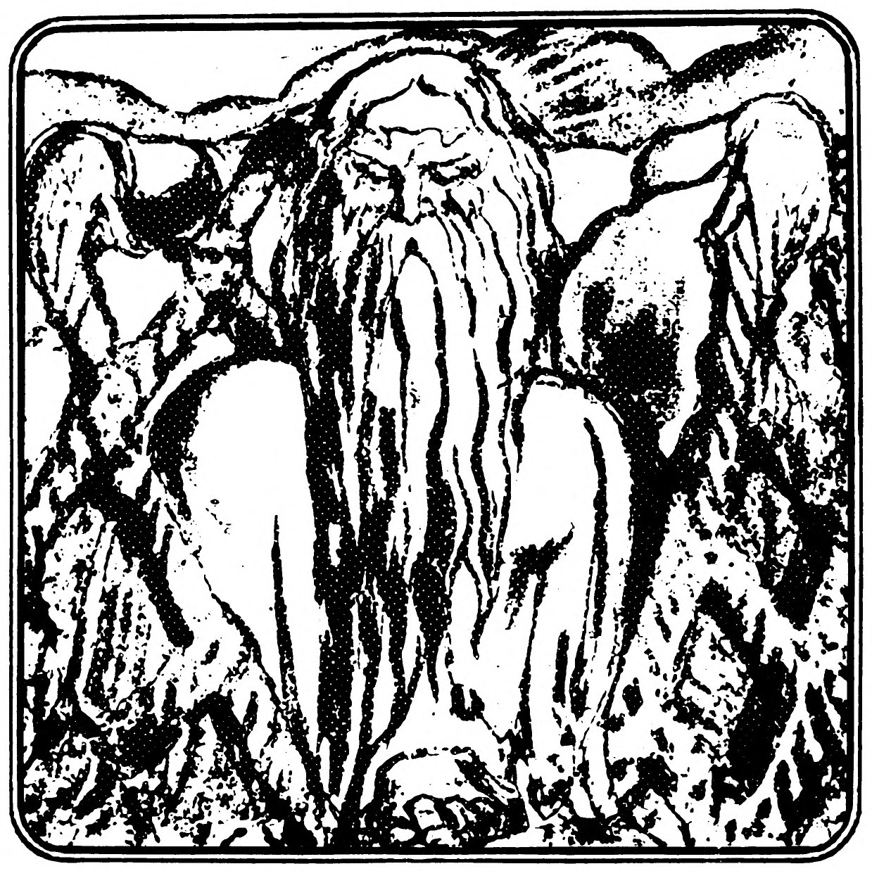 An old man with an immense flowing beard sits enthroned among rocks, his arms spread wide along the stone on either side.