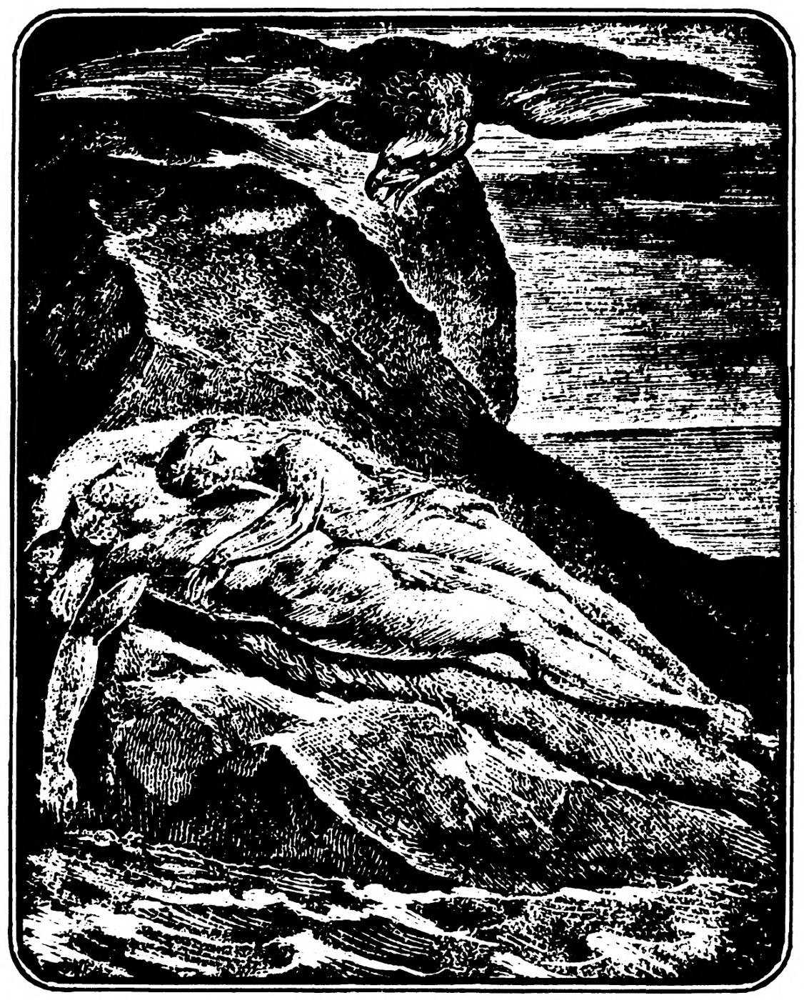 A figure lies stretched along a rock above dark water, while another figure crouches on the cliff high above.