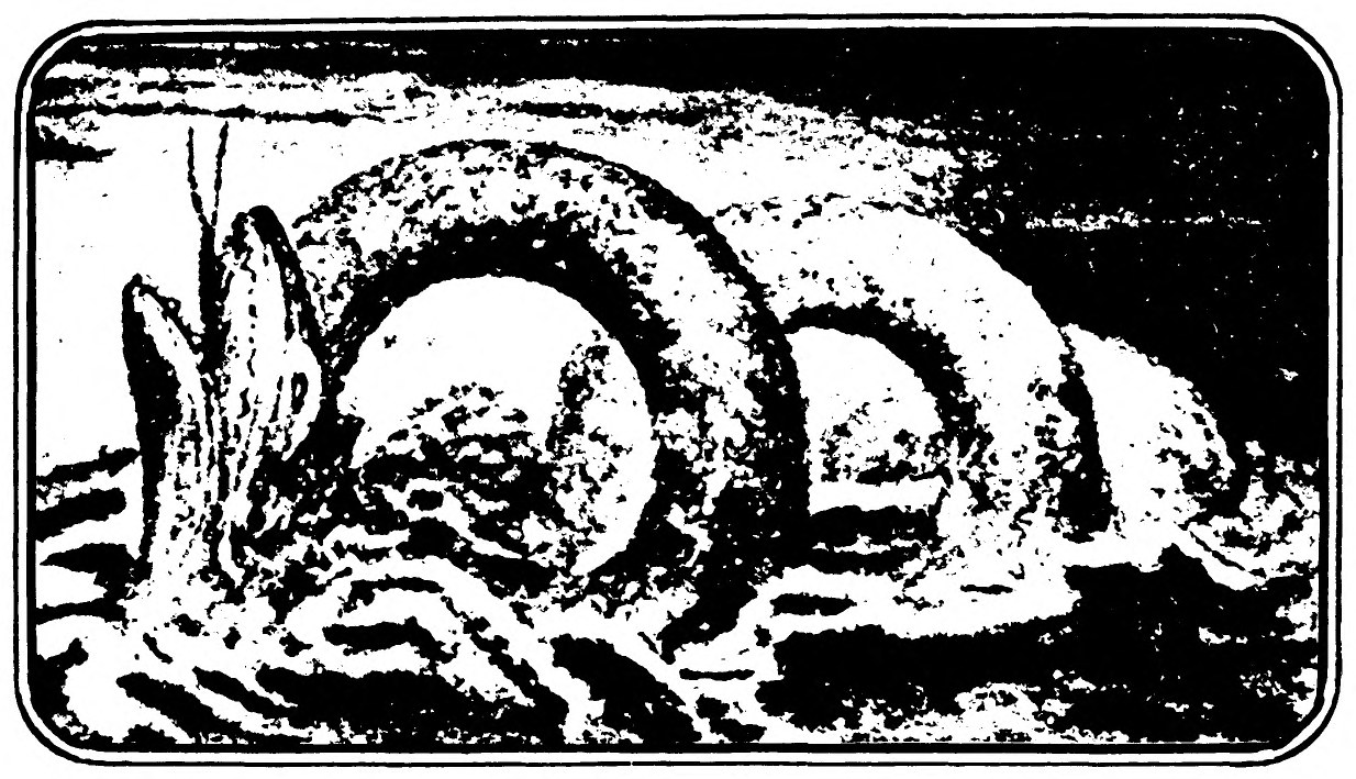 A sea serpent's coils rise out of rough water in three great arches, the nearest framing a pale disc.