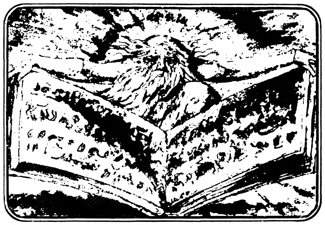 A bearded old figure leans over a huge open book whose pages are covered in rough script.
