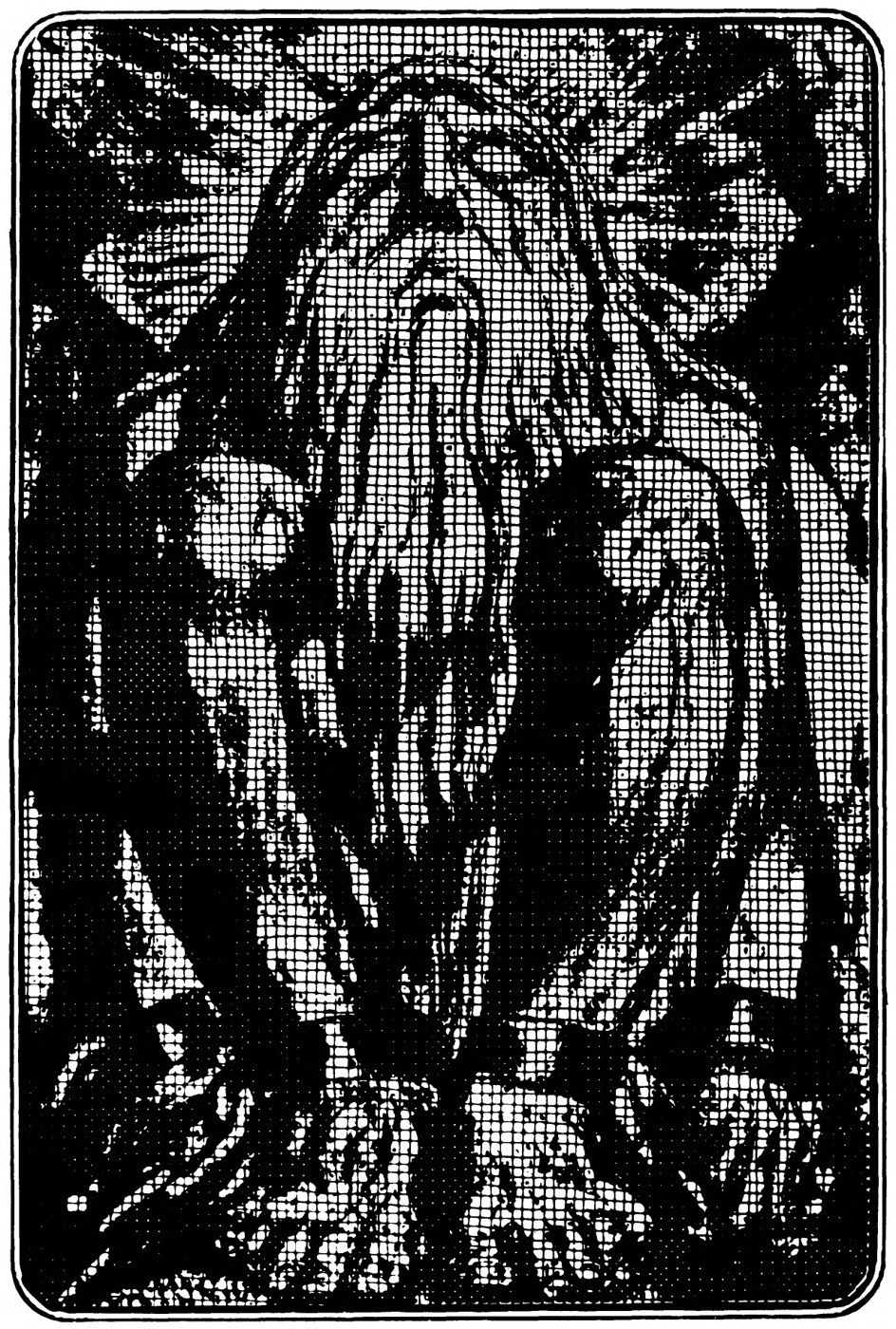 A bearded, long-haired old man sits squarely facing out, hands on his knees, with dark shapes fanning out behind his head; the picture is screened in a heavy grid.