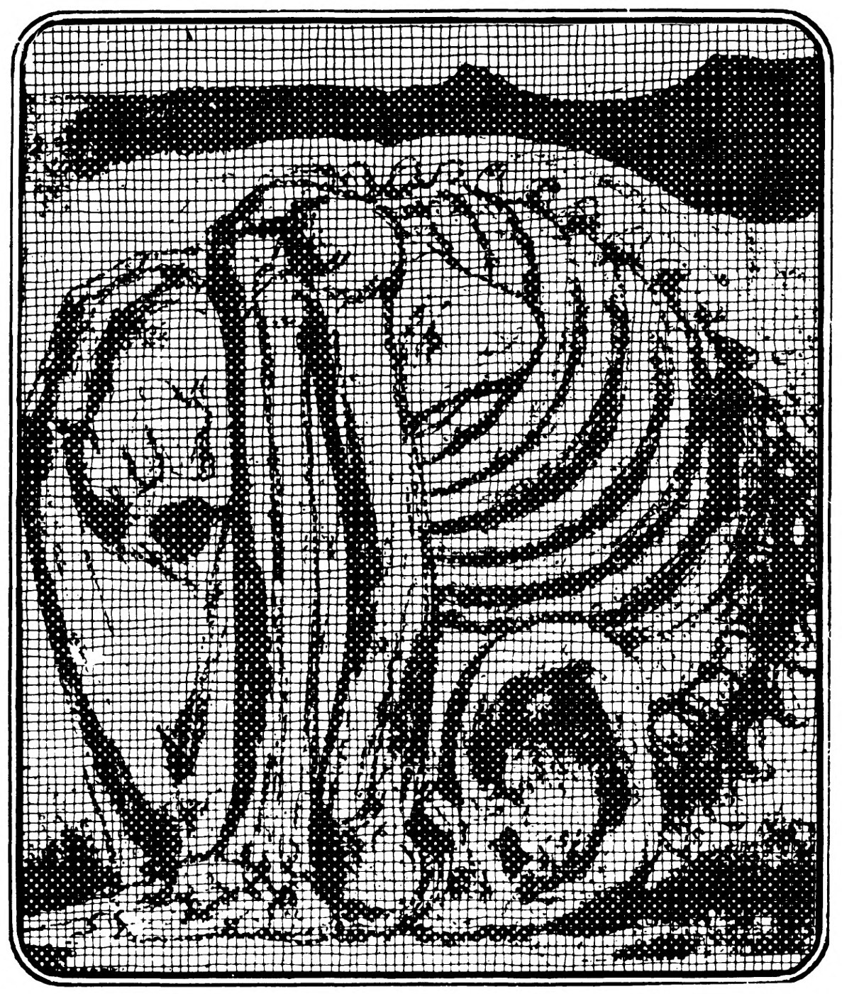A tall robed figure stands beside a great coiled, ribbed form, the picture screened in a fine grid.