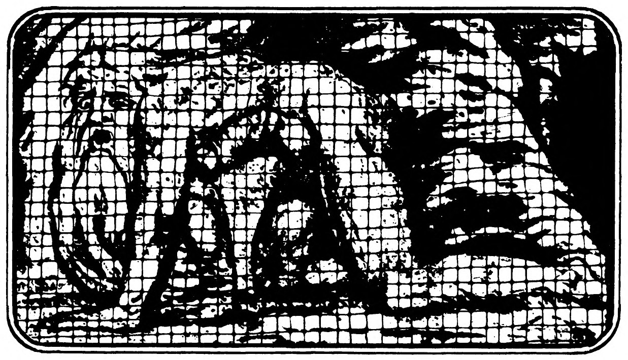 A low, grid-screened scene of bowed figures and a bearded face at the left, half lost in the dark of a cave.