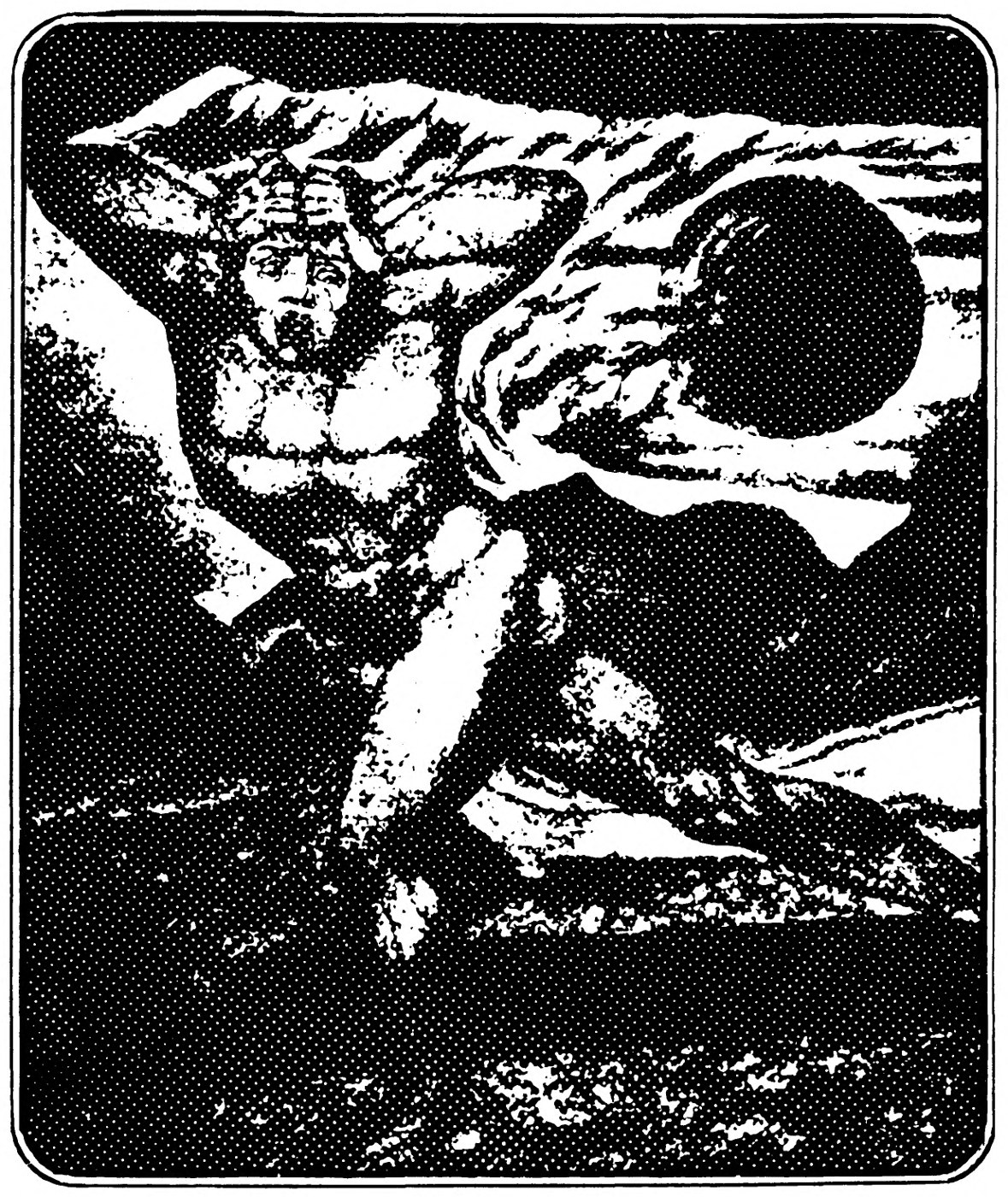A muscular man runs or leaps across a hillside with a cloak streaming behind him, his hands clutching his head, beside a black disc.