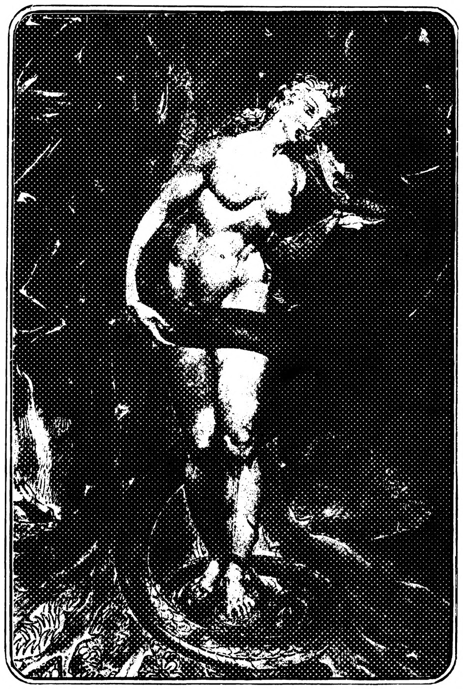 A naked woman stands on a coiled serpent in a dark wood, her head turned aside, the serpent's body winding around her.