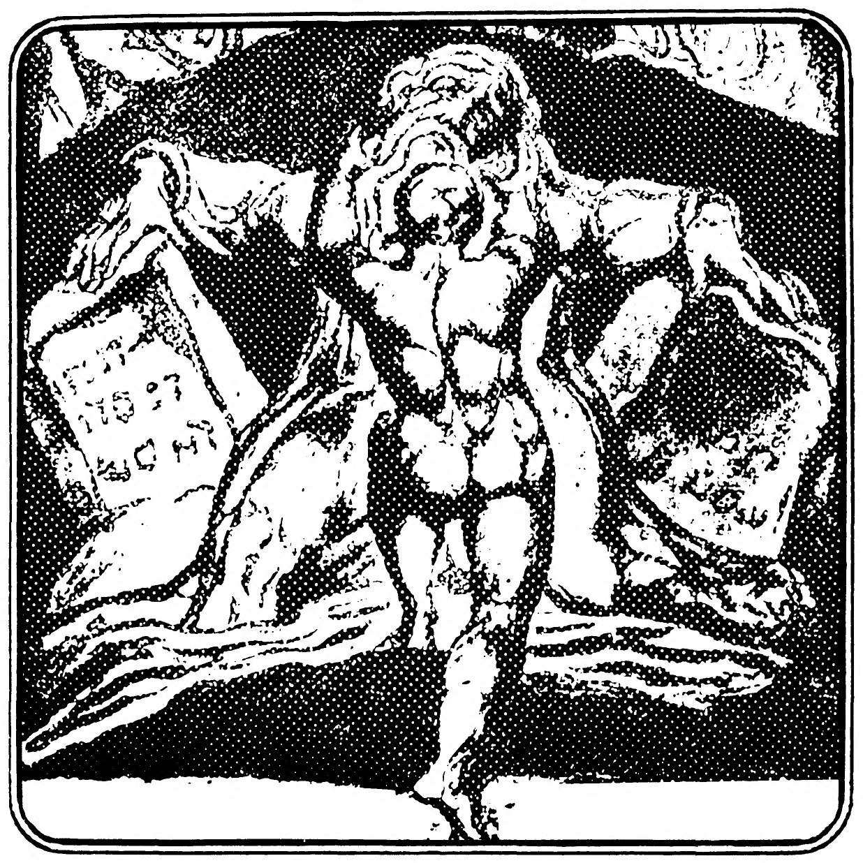A powerful naked man strides out from between two stone tablets inscribed with writing, his hair and beard streaming.
