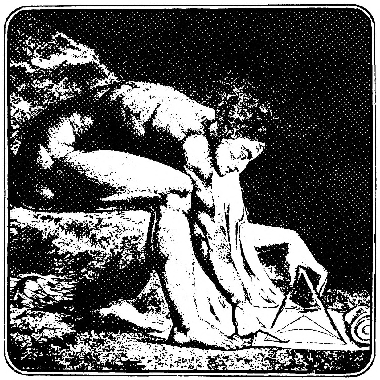 A nude figure hunched on a rock bends over a scroll on the ground, measuring a figure drawn on it with a pair of compasses.