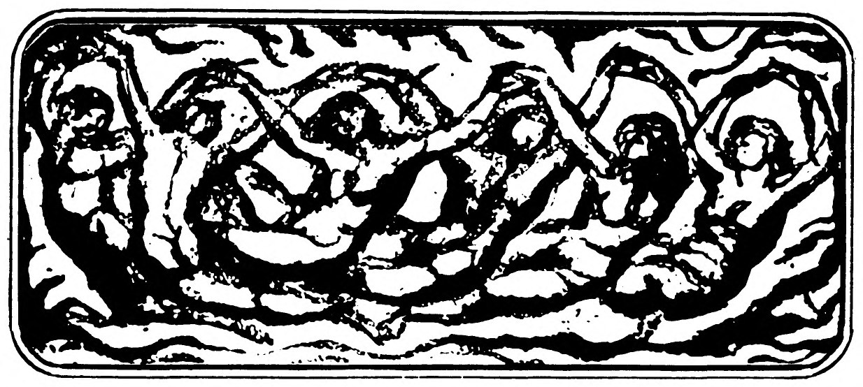 A narrow band of figures swept along in rolling flames, their arms raised and bodies twisted together.
