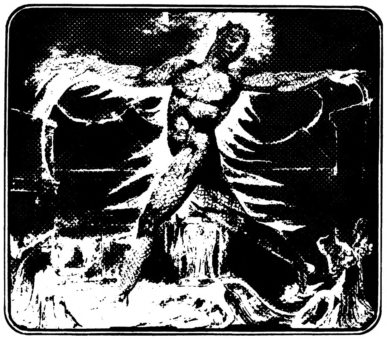 A man with arms spread wide rises above a dark landscape, light breaking around his head and dark wing-like shapes opening behind him.