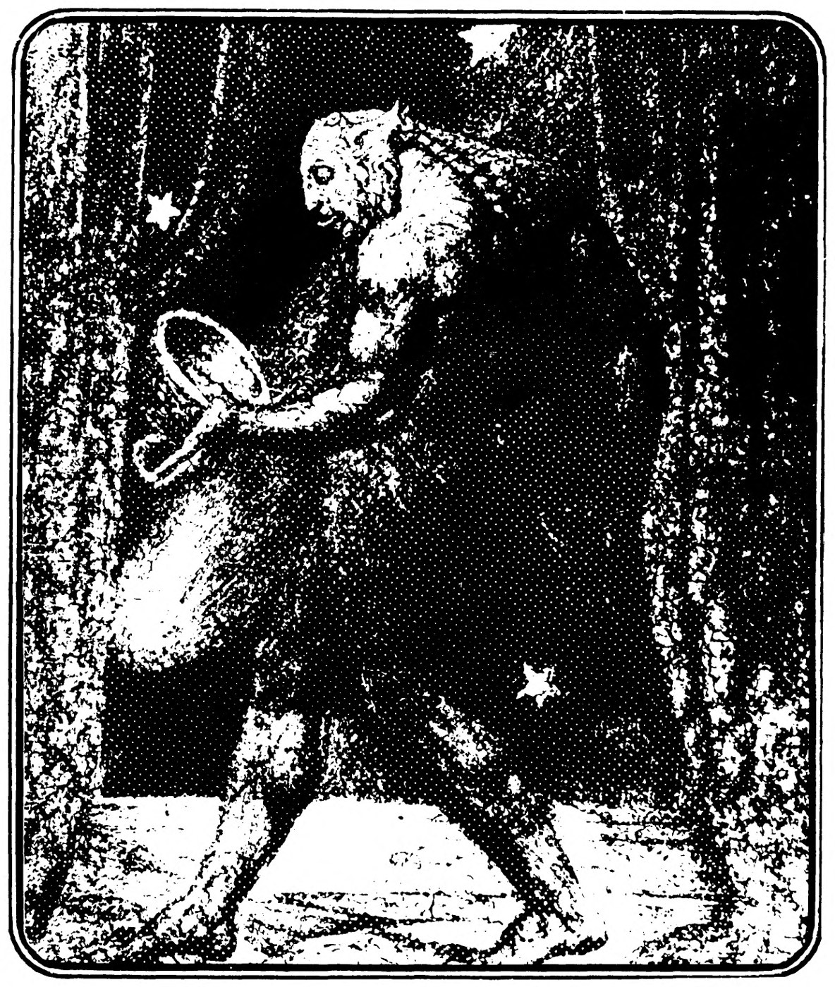 A scaly, hump-backed creature with a small head strides between parted curtains under a starry sky, holding a bowl in one hand.