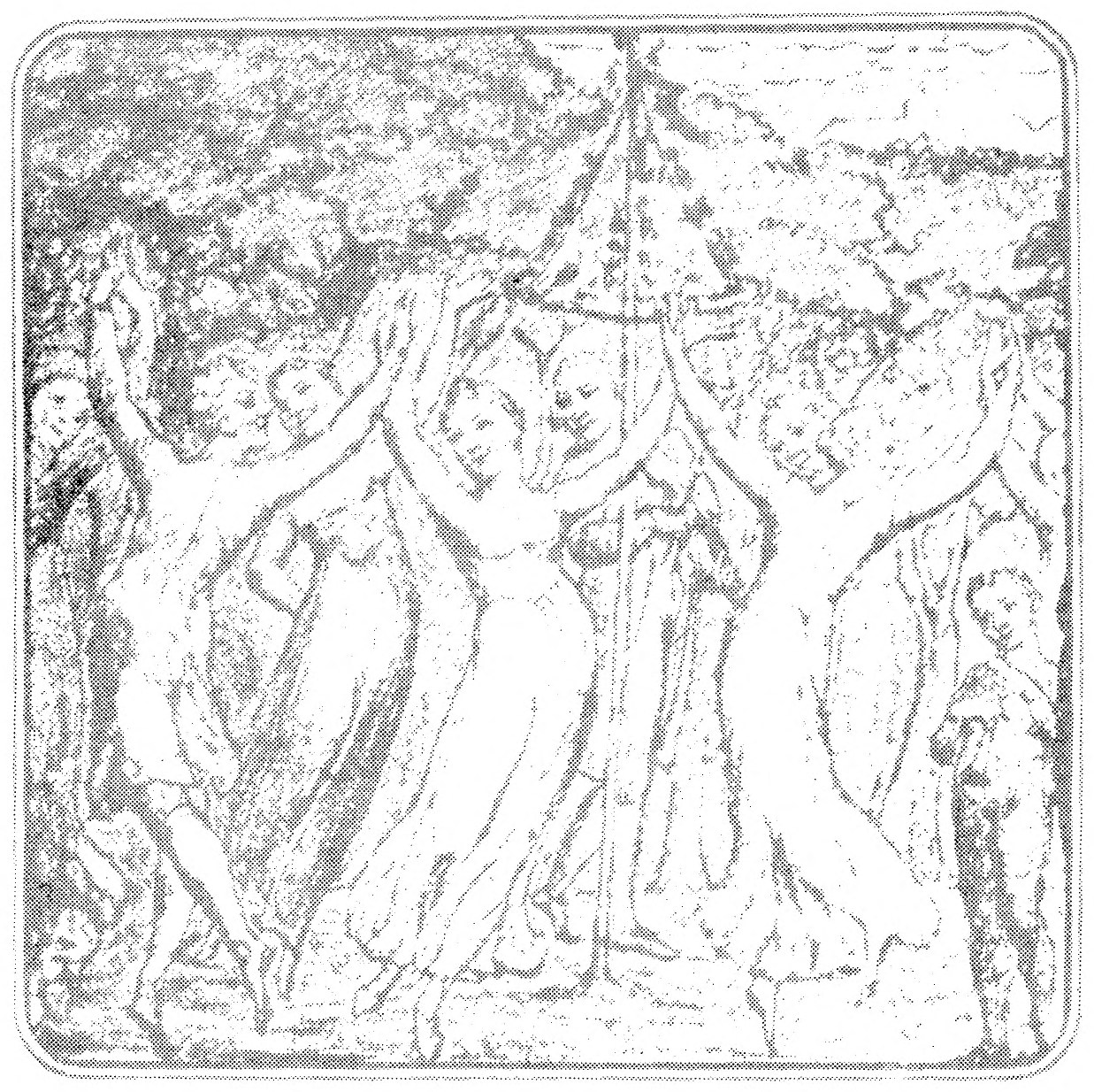 The closing vignette, printed pale beneath the dateline: the ring of dancing figures with raised arms, from the plate that opens chapter 23.