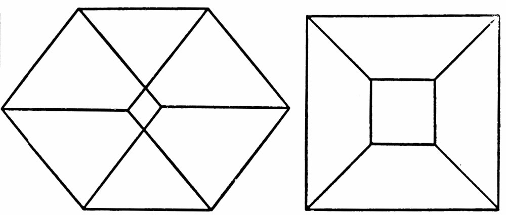 Fig. 55. Fig. 56. — Two line drawings side by side: on the left a hexagon divided by lines meeting at a small central square, on the right a square with a smaller square inside it and its corners joined to the outer corners.