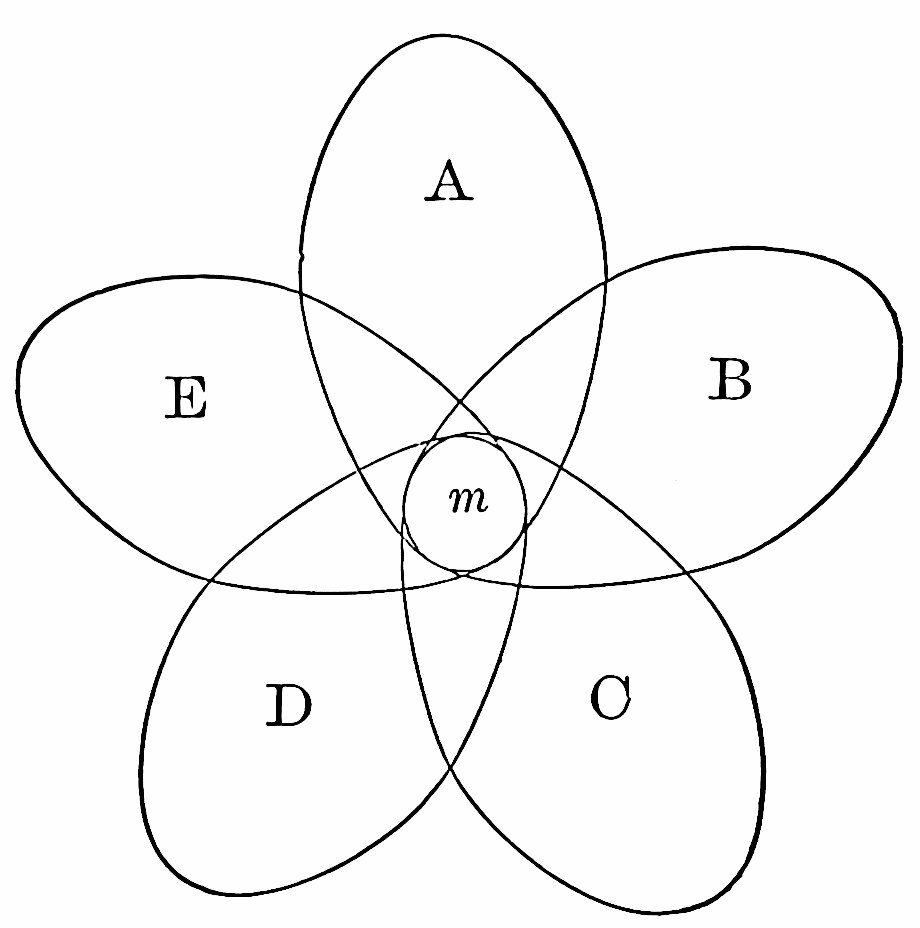 Fig. 66. — Five overlapping ovals, A, B, C, D and E, arranged like the petals of a flower and all sharing one small central circle, m.