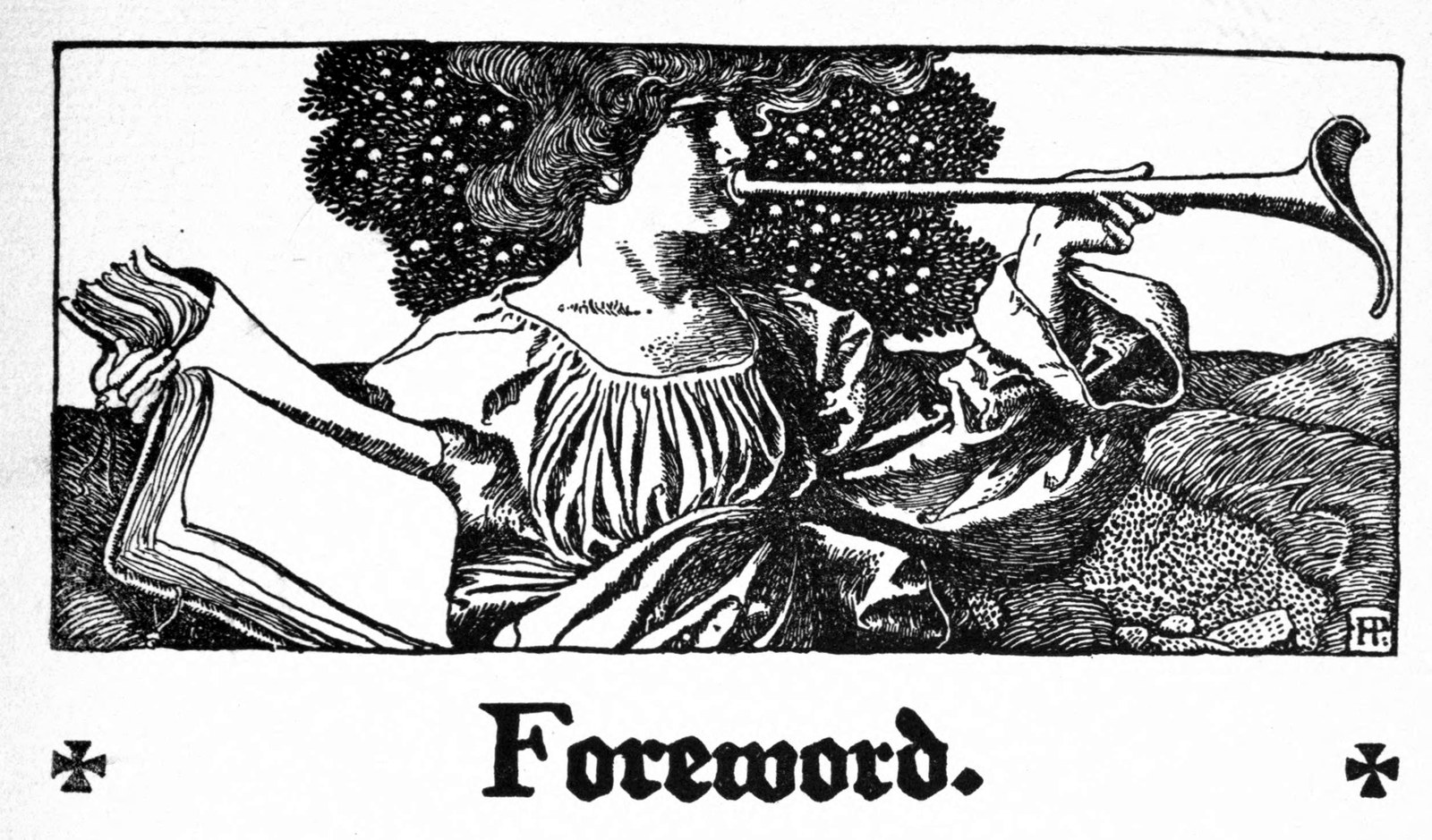 Headpiece to the Foreword: a young woman with a book open on her knee blows a long trumpet across the hills.