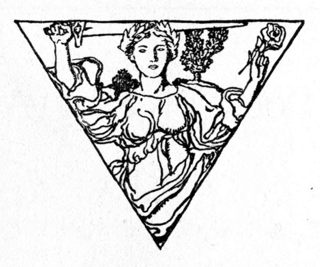 Tailpiece to the Foreword: a woman in flowing robes, set in a triangle, holds up a sword in one hand and a rose in the other.