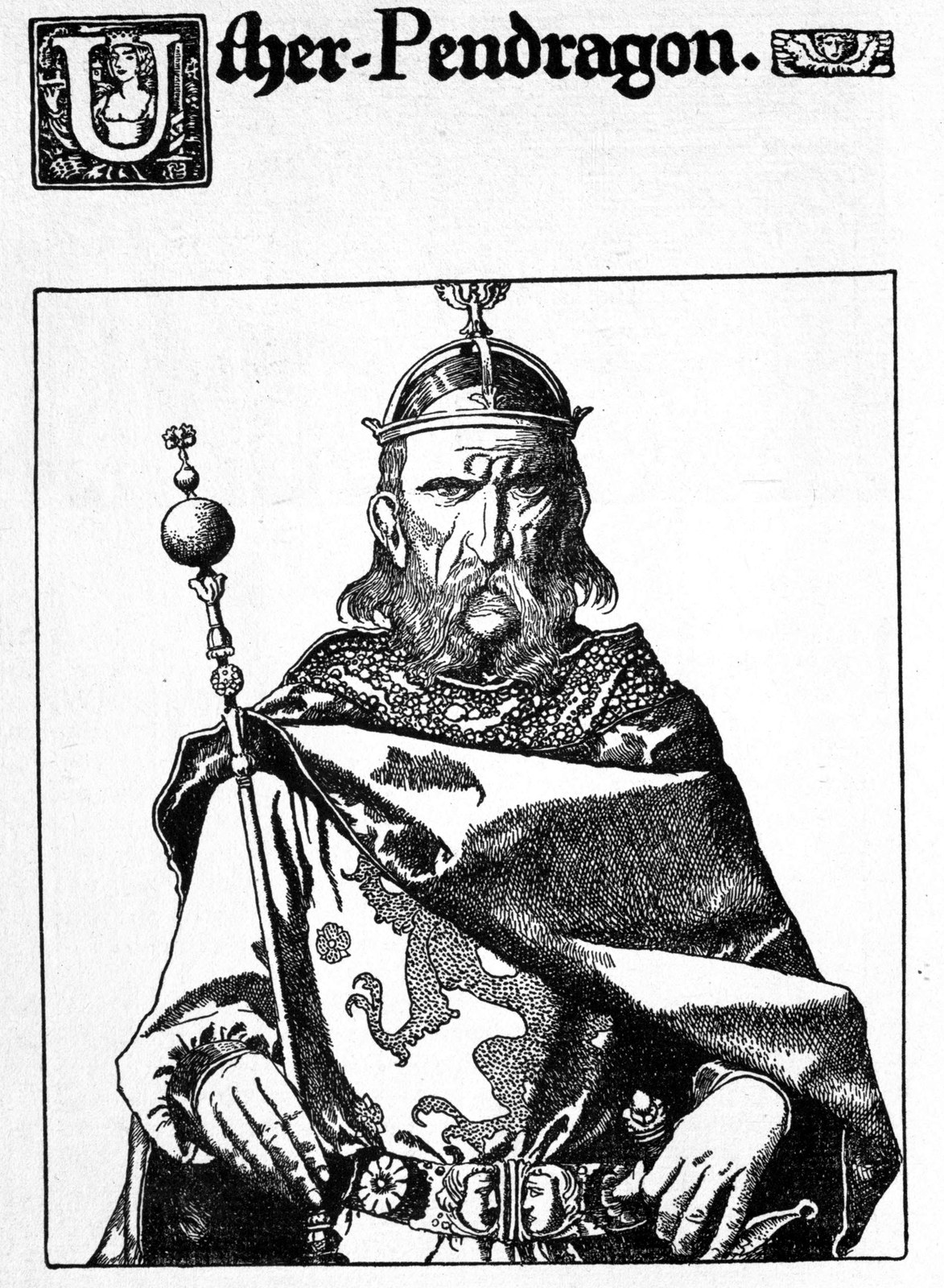 Uther Pendragon — The old High King sits grim-faced in a helmet with a crown, holding a scepter, his cloak marked with a dragon.