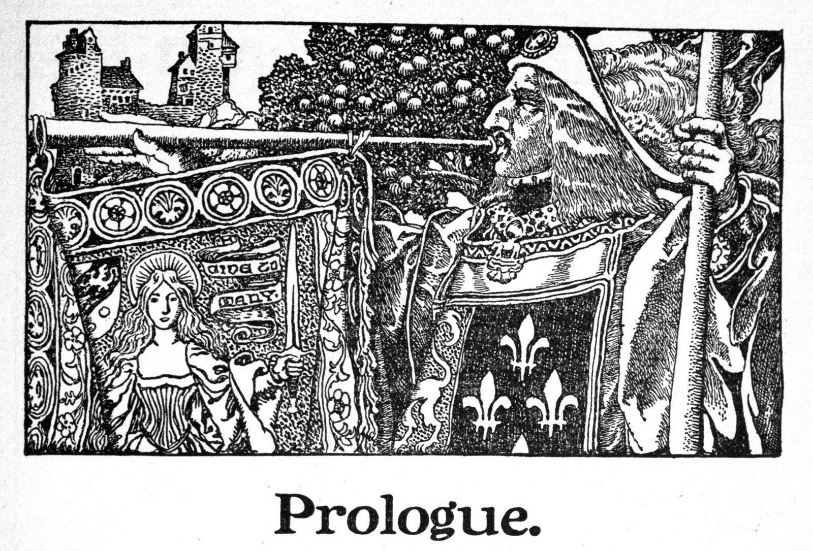 Headpiece to the Prologue: a king in a fleur-de-lis mantle, a lady, and a man with a staff stand before a castle and an embroidered hanging.